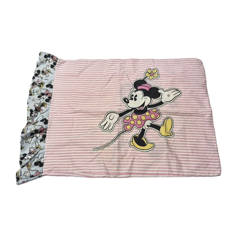 Vintage 80s 90s Disney Minnie Mouse Pillowcase Ruffled Sham Pink Striped EUC